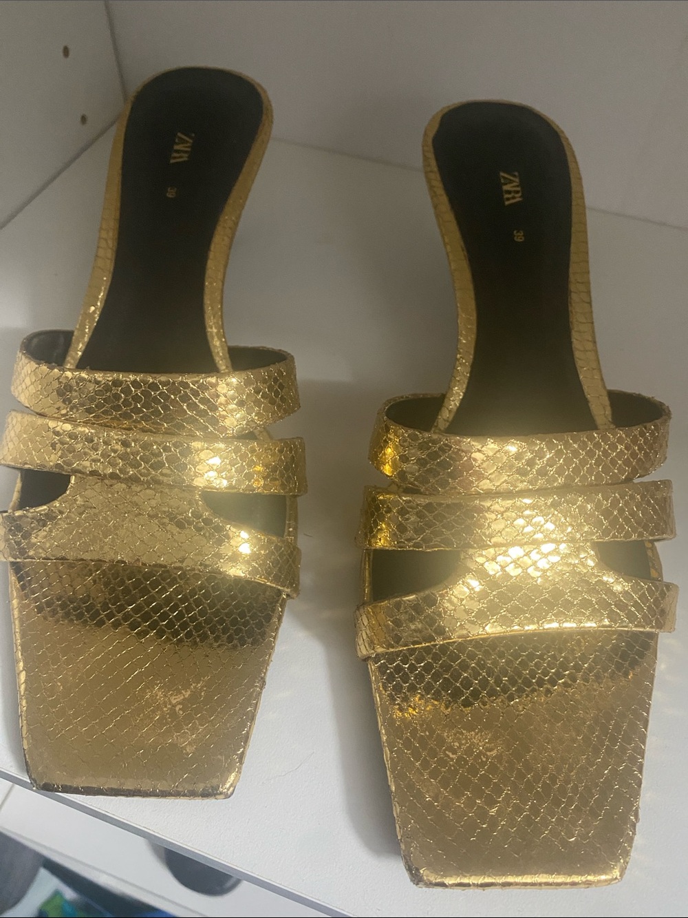 Zara Metallic Gold Snake-Embossed Triple Strap Mules